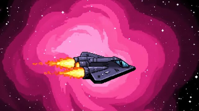 pixel art spaceship flying through nebula outer space