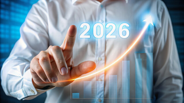 Strategic planning annual growth 2026 business forecast with rising chart and businessman pointing at upward arrow showing optimistic success