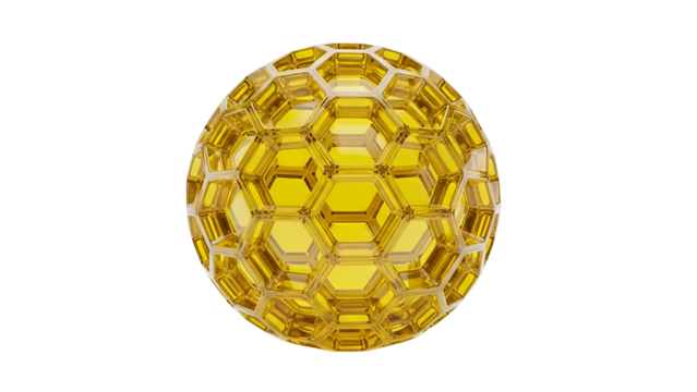 Golden Sphere with Geometric Honeycomb Pattern on Black Backdrop