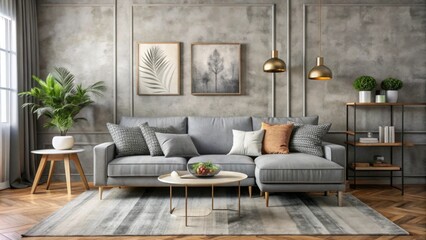 Modern Living Room with Grey Sofa and Stylish Decor Elements