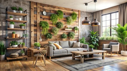 Naklejka premium Modern Cozy Living Room with Plants and Rustic Wood Accents