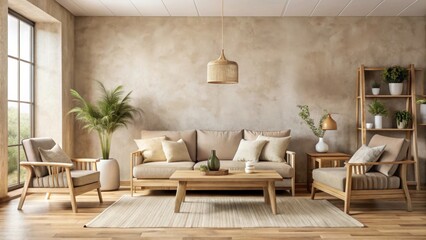 Fototapeta premium Cozy Modern Living Room with Neutral Tones and Natural Elements