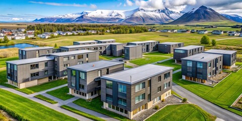Fototapeta premium Modern Architectural Design of Apartment Complex with Mountain View