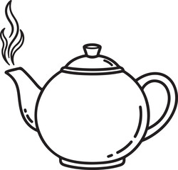 Obraz premium Black and white illustration of a steaming teapot with a lid and handle 