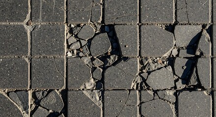 Damaged Pavement - A Close-Up of Cracked and Broken Tiles.
