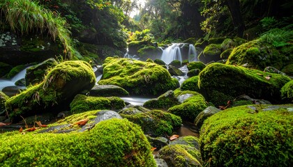 Tranquil Mountain Stream with Lush Moss.