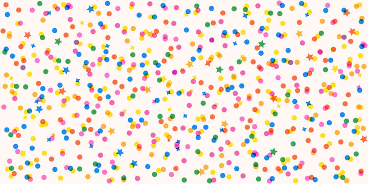 Dots and stars confetti pattern with texture and transparent effect. Colorful random rounds and star elements seamless pattern.
