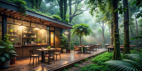 Fototapeta premium Serene Cafe Surrounded by Lush Green Forest and Misty Atmosphere