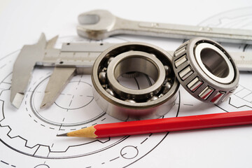 Engineering and precision tools with metal ball bering, mechanical industrial.