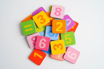 Number wood block cubes for learning Mathematic, education math concept.