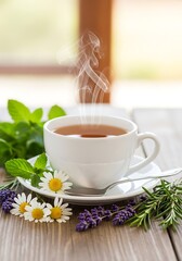Aromatic Herbal Tea with Fresh Herbs and Flowers.