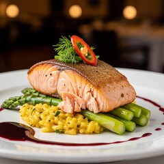 Gourmet Salmon Dish with Asparagus and Risotto Presentation.