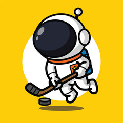 Cute Astronaut Playing Hockey Illustration for Space Cartoon Character and Sport Activity Concept