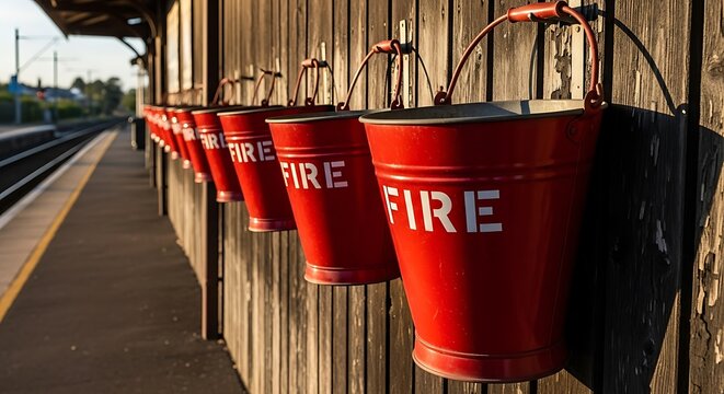 Red Fire Buckets on a Train Platform - Safety First.