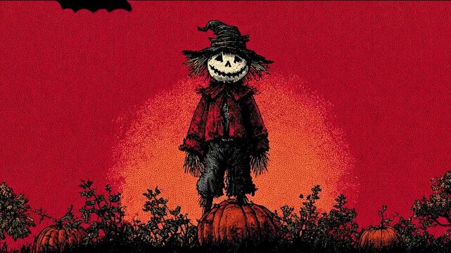 Spooky Halloween scarecrow, bat, and pumpkin illustration against a red sunset sky