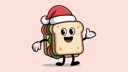 Cartoon sandwich character wearing Santa hat waving on light pink background