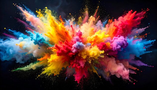 Vibrant explosion of multicolored powders against a dark background, showcasing a dynamic and colorful display of hues.