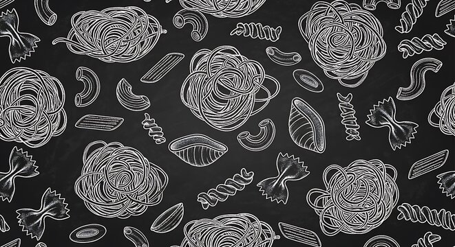 Pasta Variety on Dark Background - Hand-Drawn Italian Food Illustration.