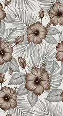 Hibiscus and Palm Leaf Pattern in Neutral Tones for Textile Design.