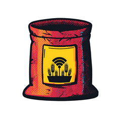A red sack with a yellow label featuring wheat stalks and a wifi symbol, against a white background.