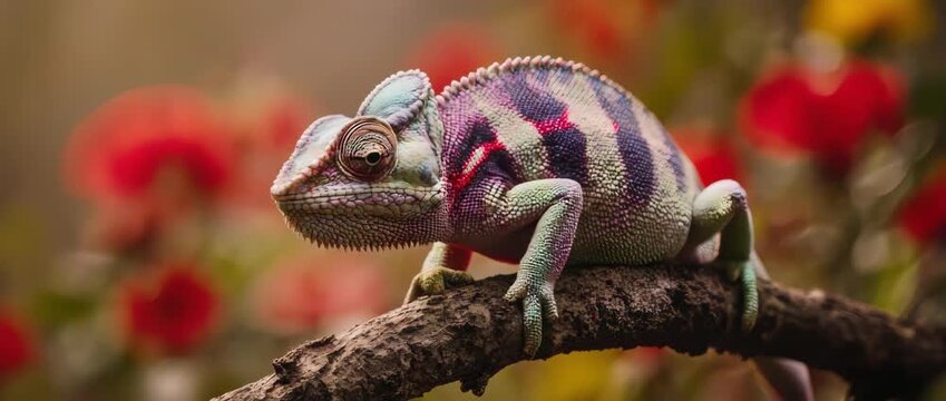 A fascinating macro time-lapse showing a chameleon's incredible ability to change its skin color to match its vibrant surroundings. A perfect display of adaptation and natural camouflage.