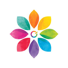 Colorful flower graphic with watercolor petals and a circular center containing a gradient letter "G".