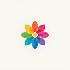 A vibrant watercolor flower with rainbow petals and a sunny center on white.