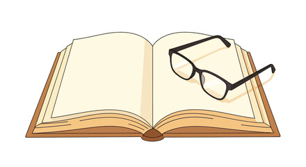 A pair of black-rimmed reading glasses resting on the blank pages of an open book, isolated on a white background.