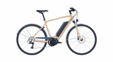 Beige electric bicycle with black tires and seat, and blue accents on a white background.