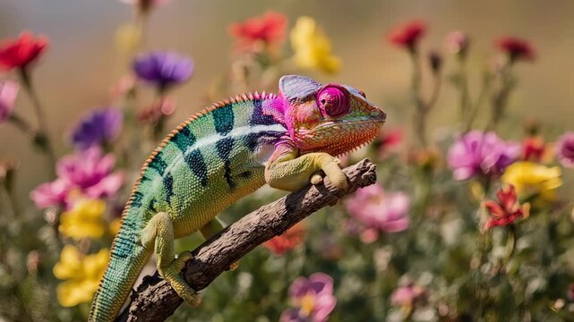 A fascinating macro time-lapse showing a chameleon's incredible ability to change its skin color to match its vibrant surroundings. A perfect display of adaptation and natural camouflage.
