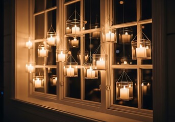 Candlelit Window Display - Warm Glow in a Dark Room.
