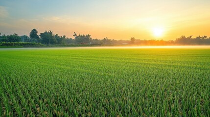 Lush green rice field at dawn, bathed in sunlight with a hazy atmosphere