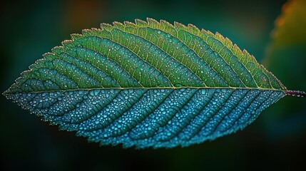 Close-up of a single, vibrant leaf, showcasing textures and water droplets in soft focus