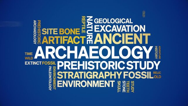 Archaeology animated word cloud-text design animation tag kinetic typography seamless loop.