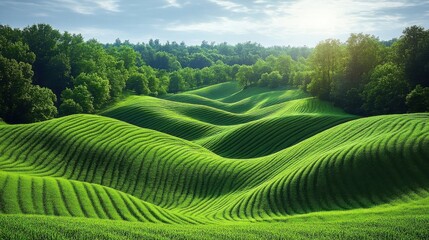 Rolling green fields under a bright sun, lined with rows and surrounded by dense forest