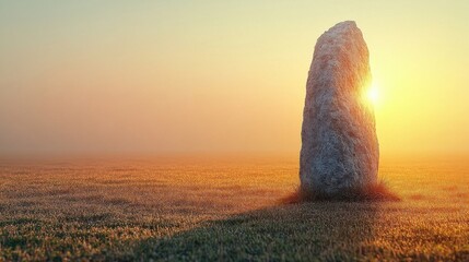 Stone monolith bathed in golden light stands in a field at dawn or dusk, casting a shadow