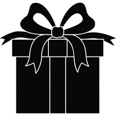 A black silhouette of a gift box with a large bow on top centered on a white background in a simple style