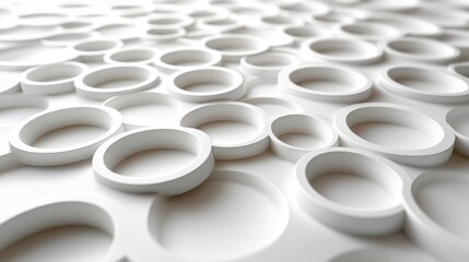 White, circular, raised shapes on a white surface, varying sizes, creating depth and pattern