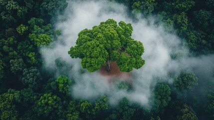 Aerial view of a vibrant green tree emerging from a misty forest canopy