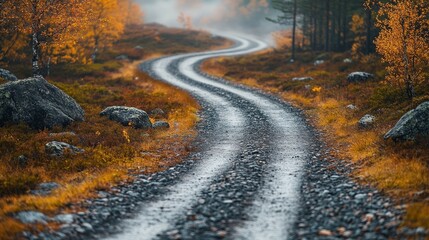 Winding gravel road through autumnal forest, shrouded in mist and dappled in sunlight