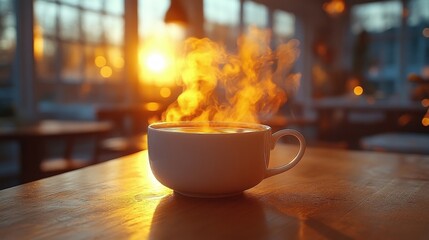Steaming cup of beverage on a wood table with soft sunlight and warm bokeh in the background