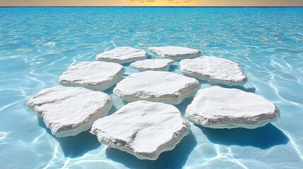 Ten flat, white stones arranged in water, sunlight casting ripples, with a sunset in the background