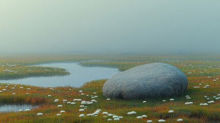 A misty landscape with water, wildflowers, and a large, smooth boulder in a field