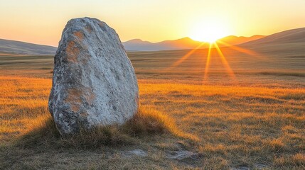 An ancient standing stone silhouetted by the golden sun's rays over rolling hills