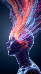 Abstract blue light shape curve of a human head in the dark with smoke, showing the anatomy and brain like an x-ray of the spine