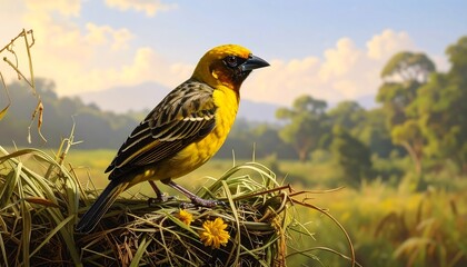 A vibrant yellow bird perches atop a nest of dried grasses, its plumage detailed against a backdrop of a lush, green landscape.