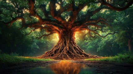 Majestic, illuminated tree with sprawling roots in a vibrant forest, reflected in still water