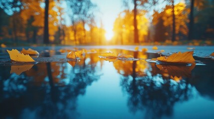 Autumn scene of leaves in a puddle, golden light, trees, and reflections on asphalt