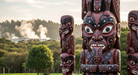 Maori Carvings at Te Puia Geothermal Park, Rotorua, New Zealand.