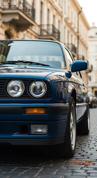 Blue BMW E30 on Cobblestone Street - A Classic Car Portrait.